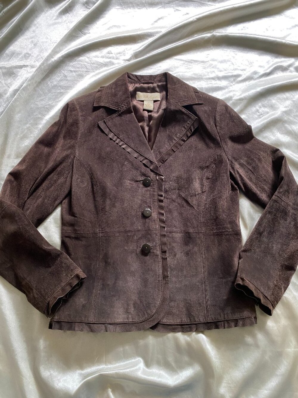Vintage 1990s Parisian Chocolate Brown Suede Ruffle Blazer Small Boho Chic - Picture 1 of 8
